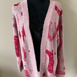 entro NWT Small Western Theme Purple & Pink Shimmery Long Open Cardigan